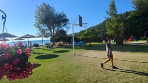Eine grüne Rasenfläche mit einem Basketballkorb, einem Picknicktisch und einem Strand im Hintergrund.