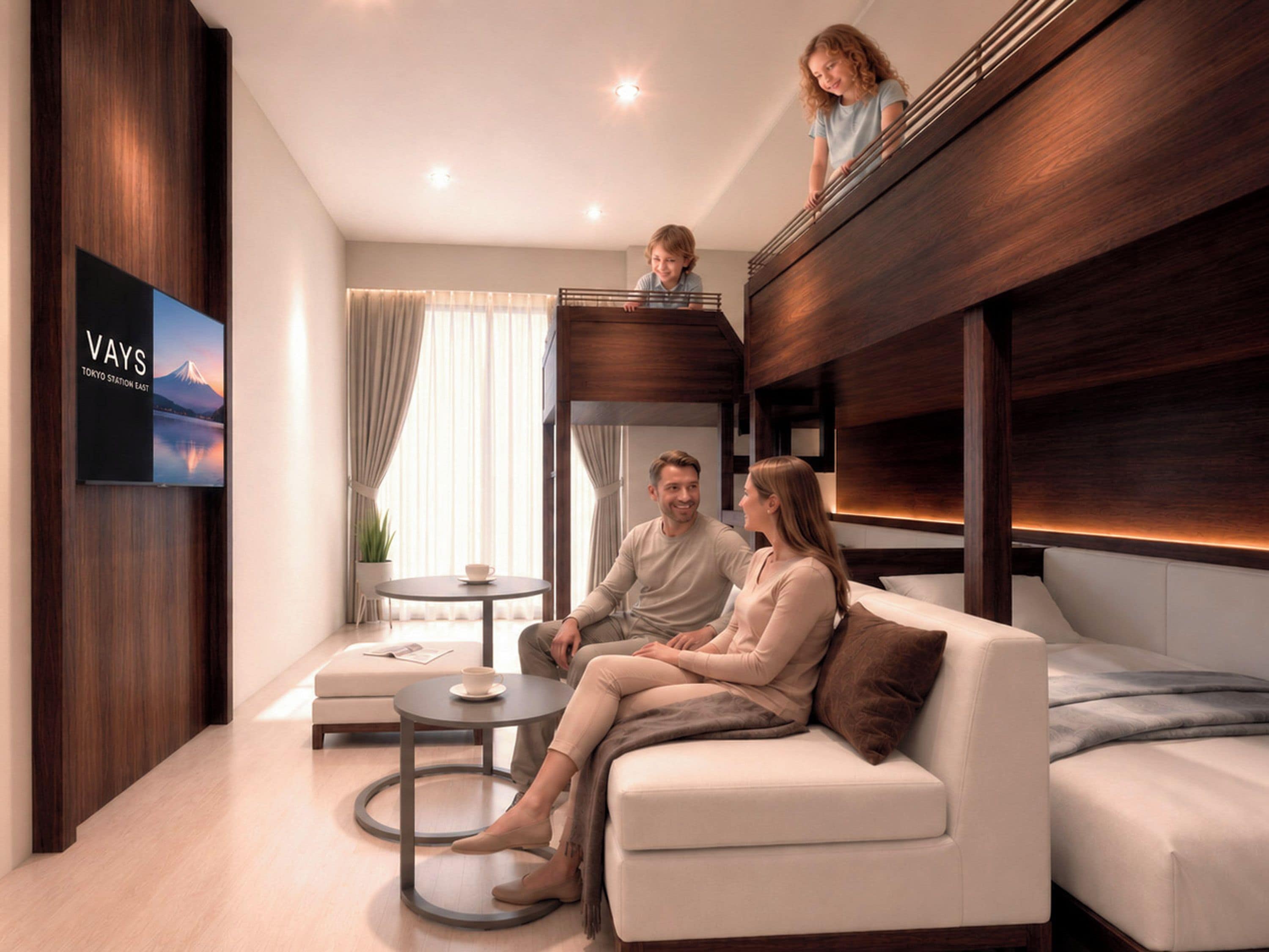 Una sala de estar moderna con un sofá, una mesa de centro y un televisor mostrando una imagen panorámica.