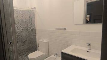 Shower, hair dryer, bidet, towels