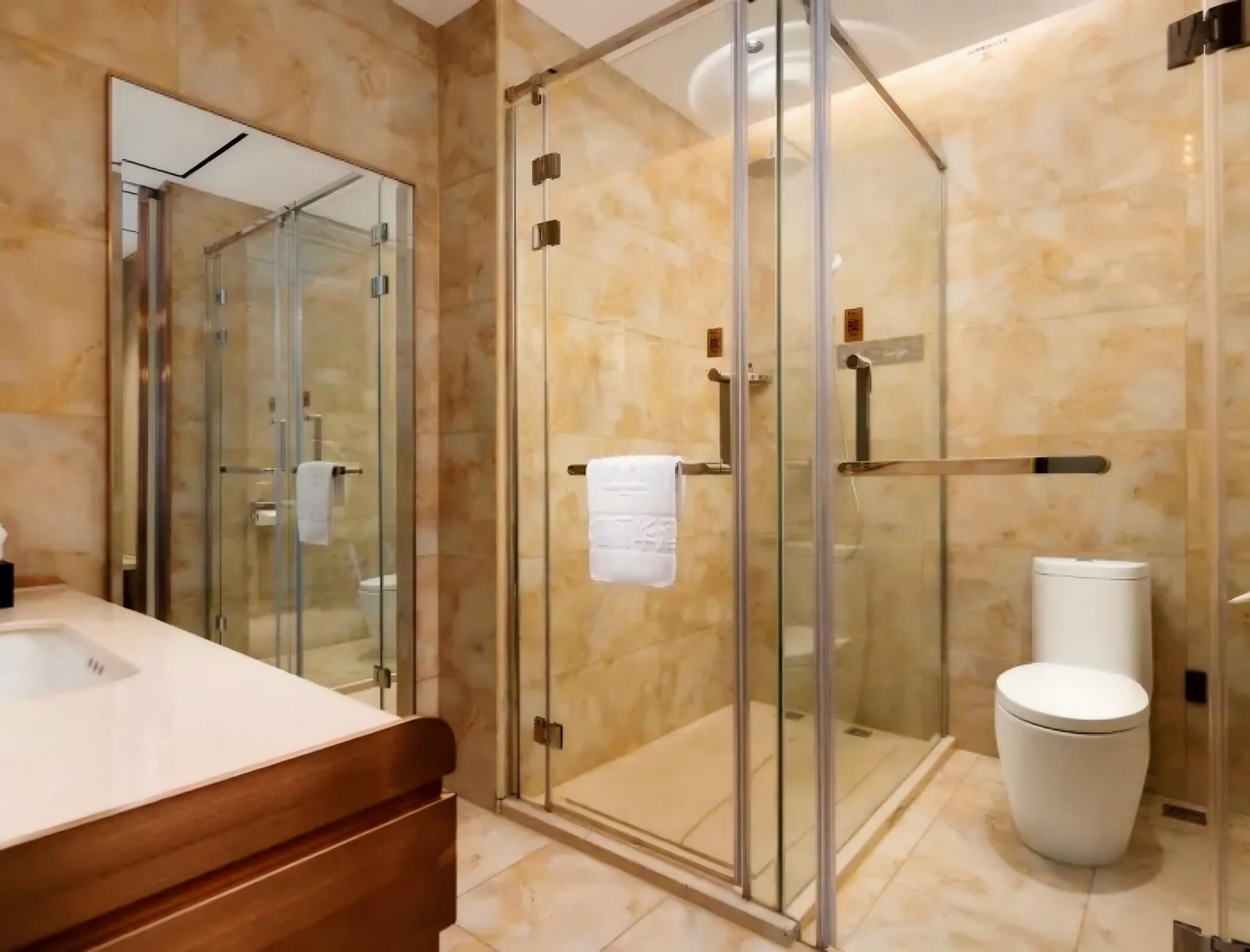 A modern bathroom with a glass shower enclosure, a toilet, and a vanity with a mirror.