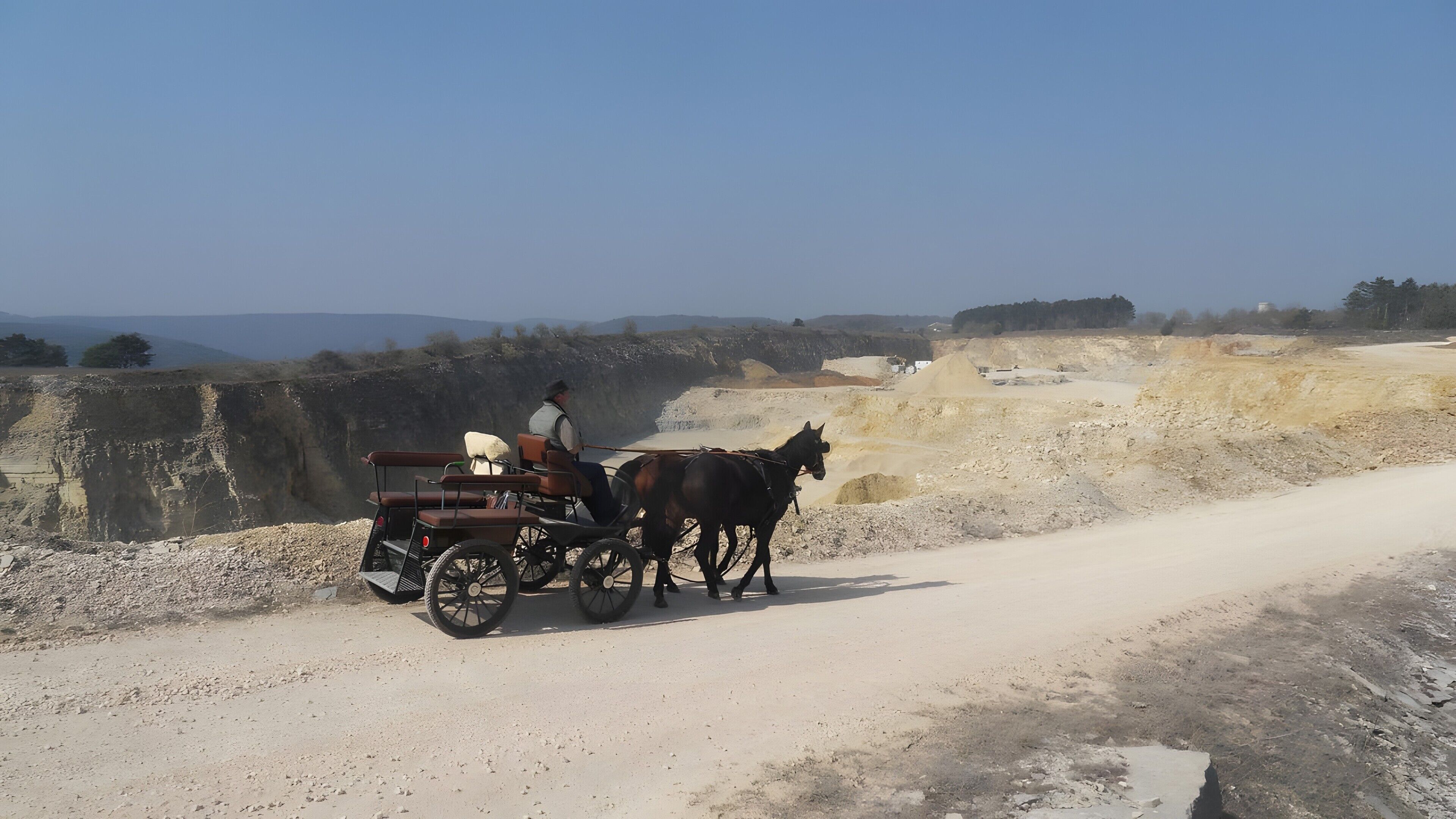 A cart with two horses on a dirt road.