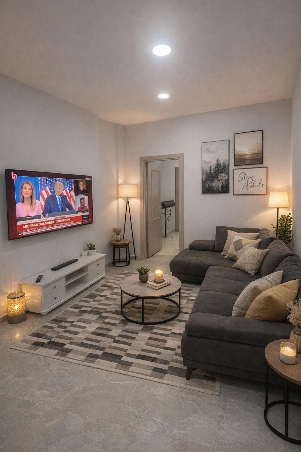 A living room with a television displaying a news broadcast, a sofa, a coffee table, and a lamp.