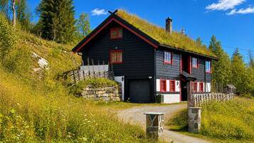 Une maison noire aux ornements rouges et au toit de chaume, entourée de verdure et sous un ciel dégagé.