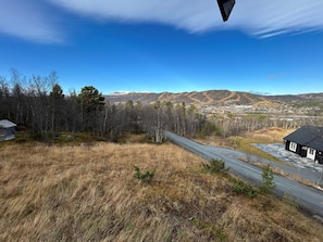 A rural landscape with a road, a small cabin, and a distant town.