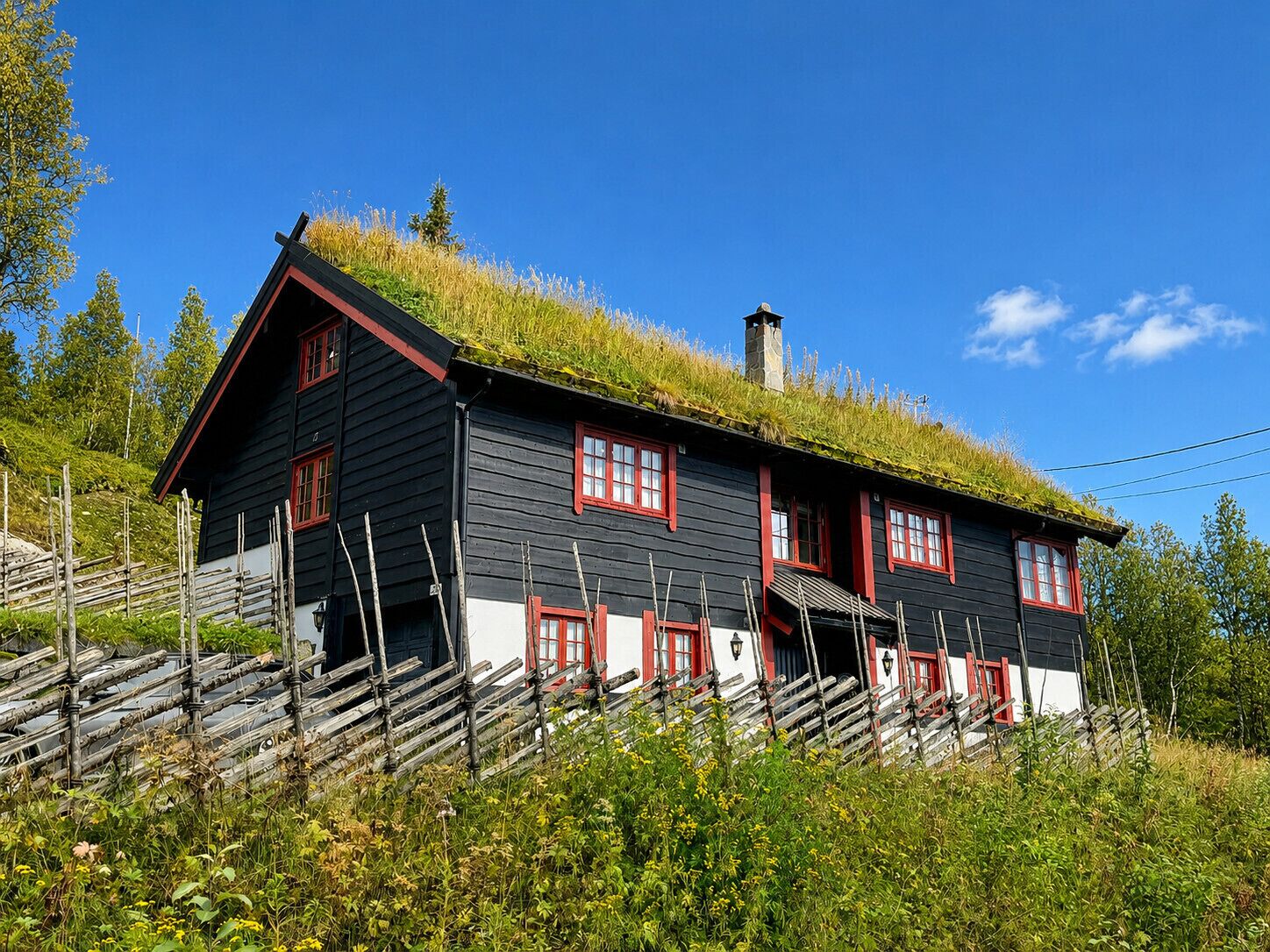 Et traditionelt træhus med græstag og røde vinduesrammer.