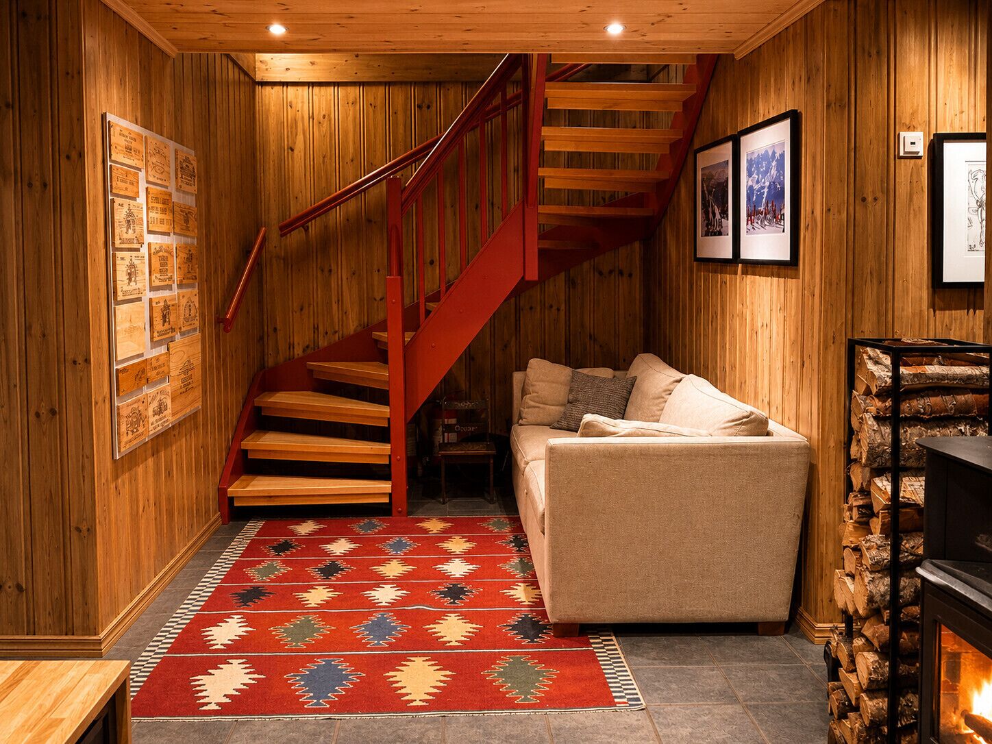 A wooden interior with a staircase, a sofa, a fireplace, and a patterned rug.