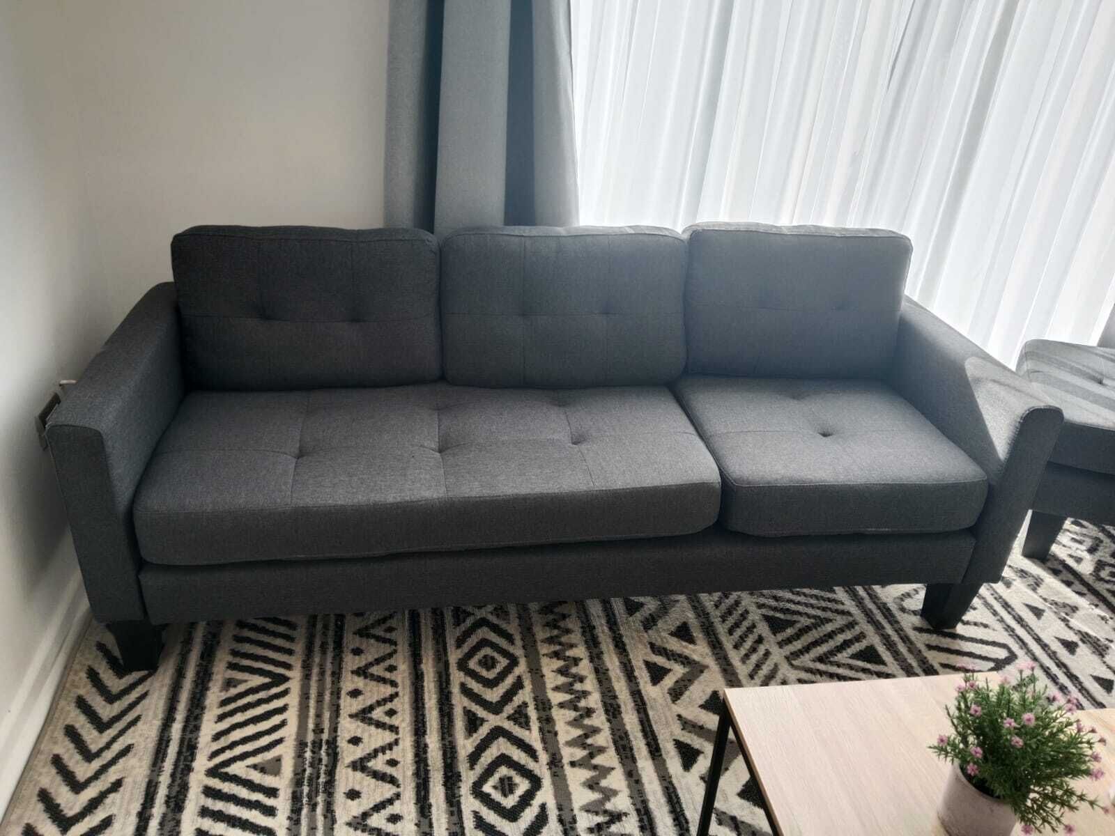 Een grijze bank in een kamer met een kamerkleed met patroon en een kleine tafel met een plant.