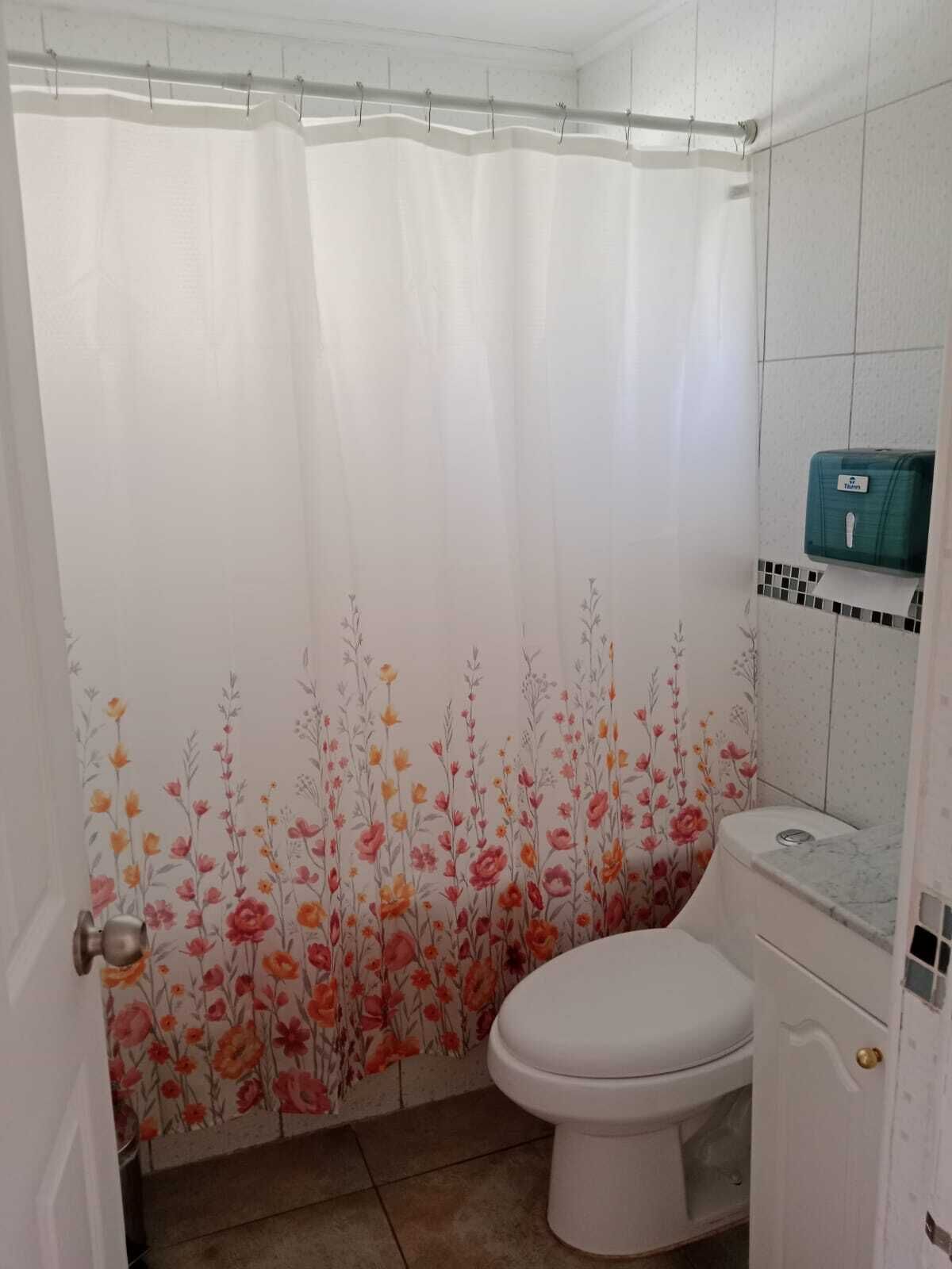 A bathroom with a shower curtain, toilet, and a soap dispenser.