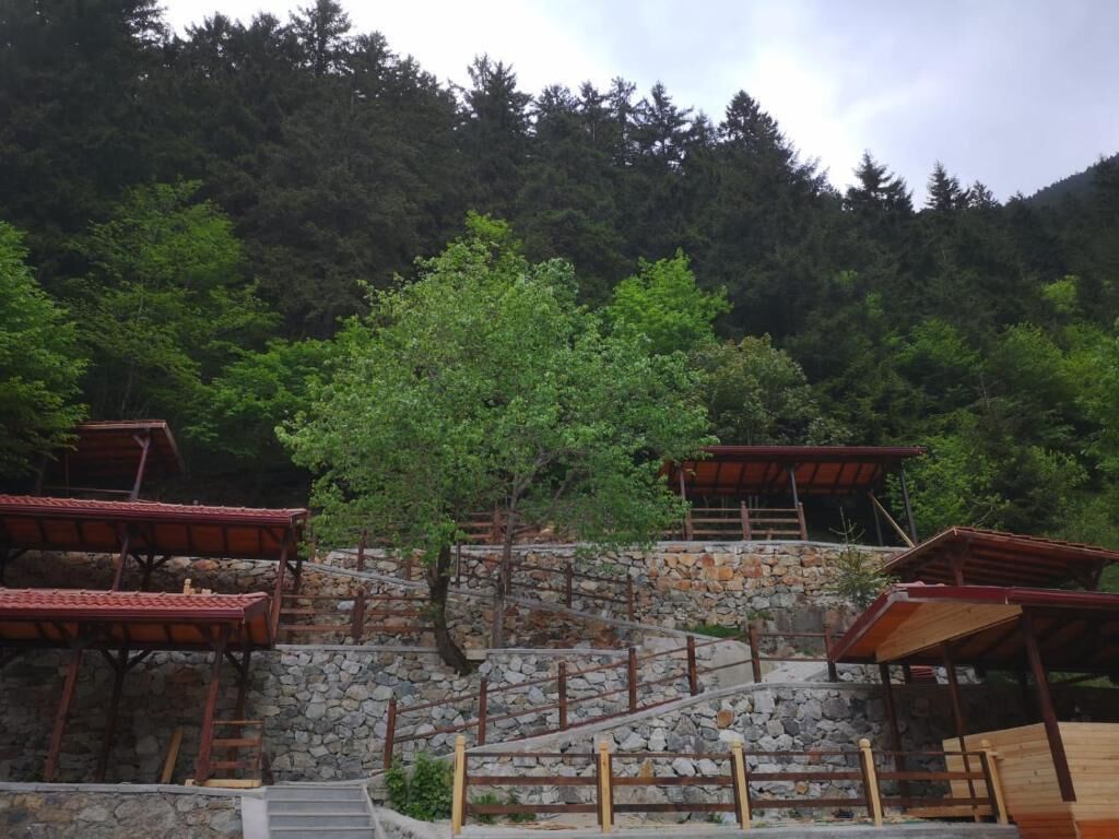 Un escalier en pierre mène à une structure en bois surmontée d’un toit rouge, le tout étant entouré d’arbres et adossé à une colline boisée.
