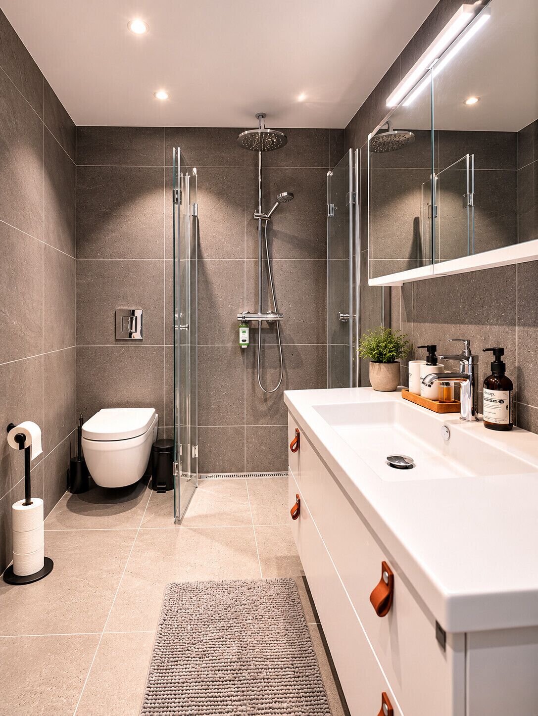 Een moderne badkamer met douche, toilet en wastafel.