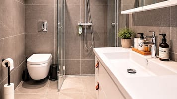 Een moderne badkamer met douche, toilet en wastafel.