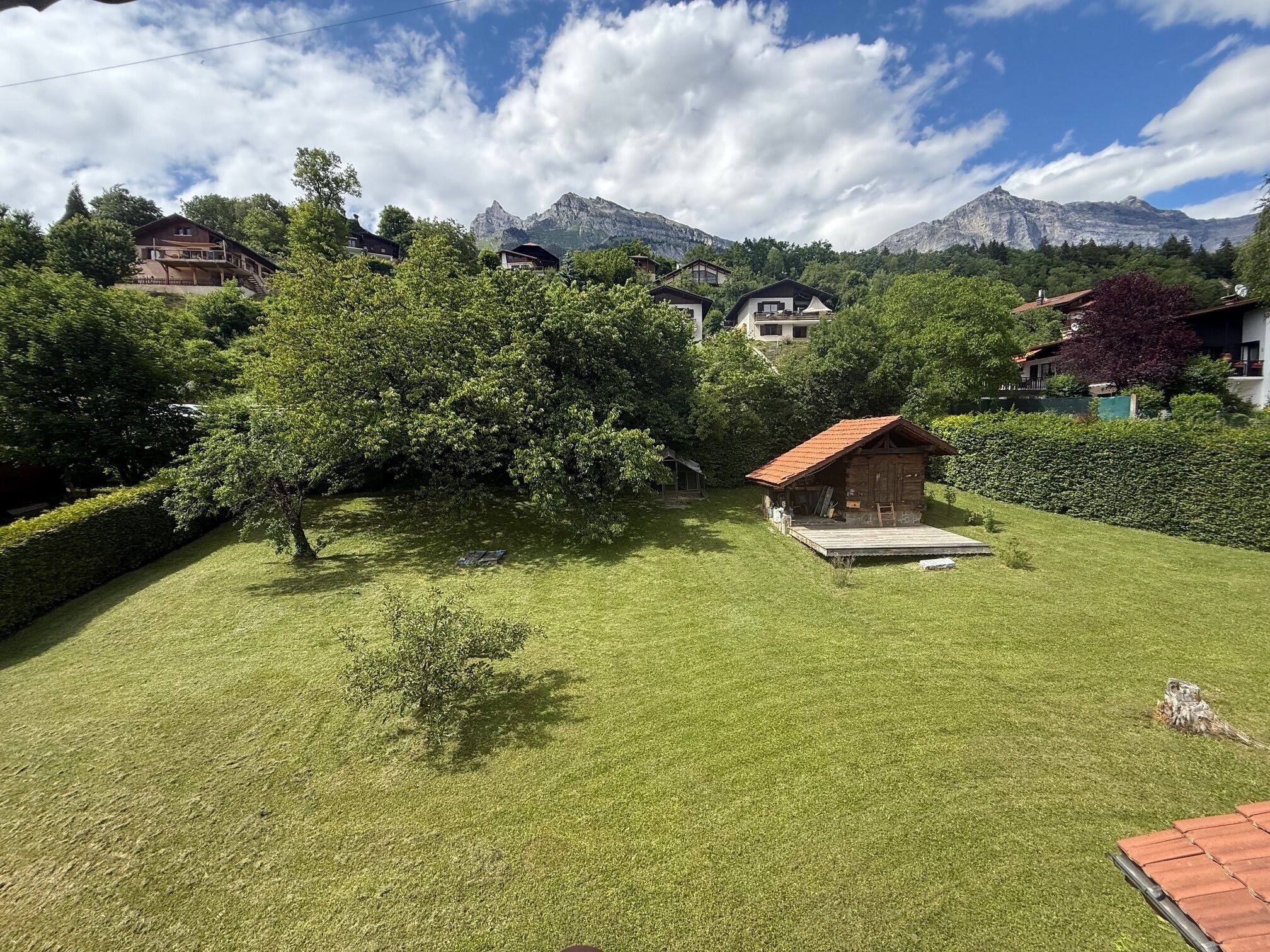 Un patio cubierto de césped con una pequeña construcción de madera, rodeado de árboles y casas, y montañas al fondo.