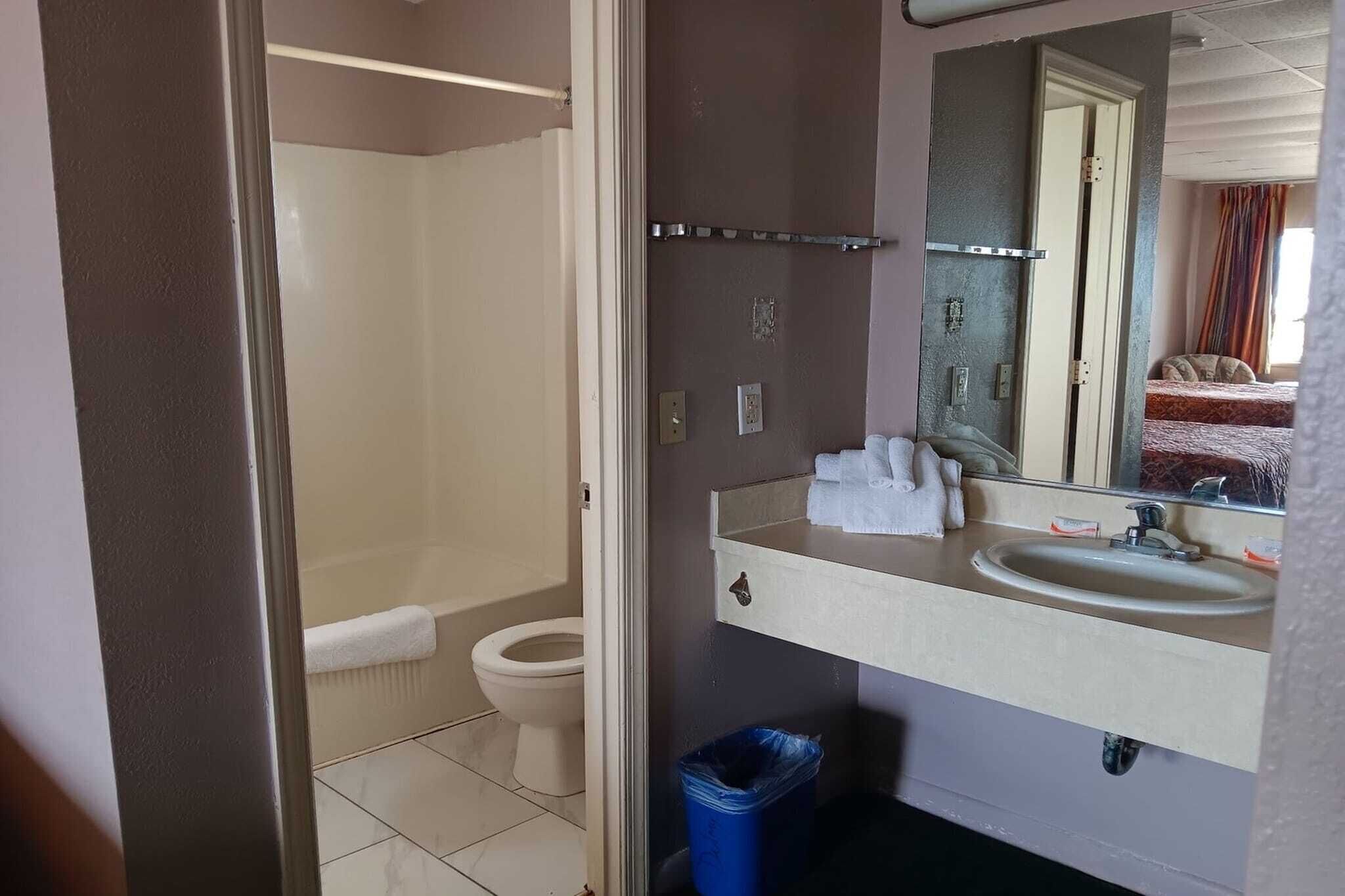 A bathroom with a toilet, shower, sink, and mirror.