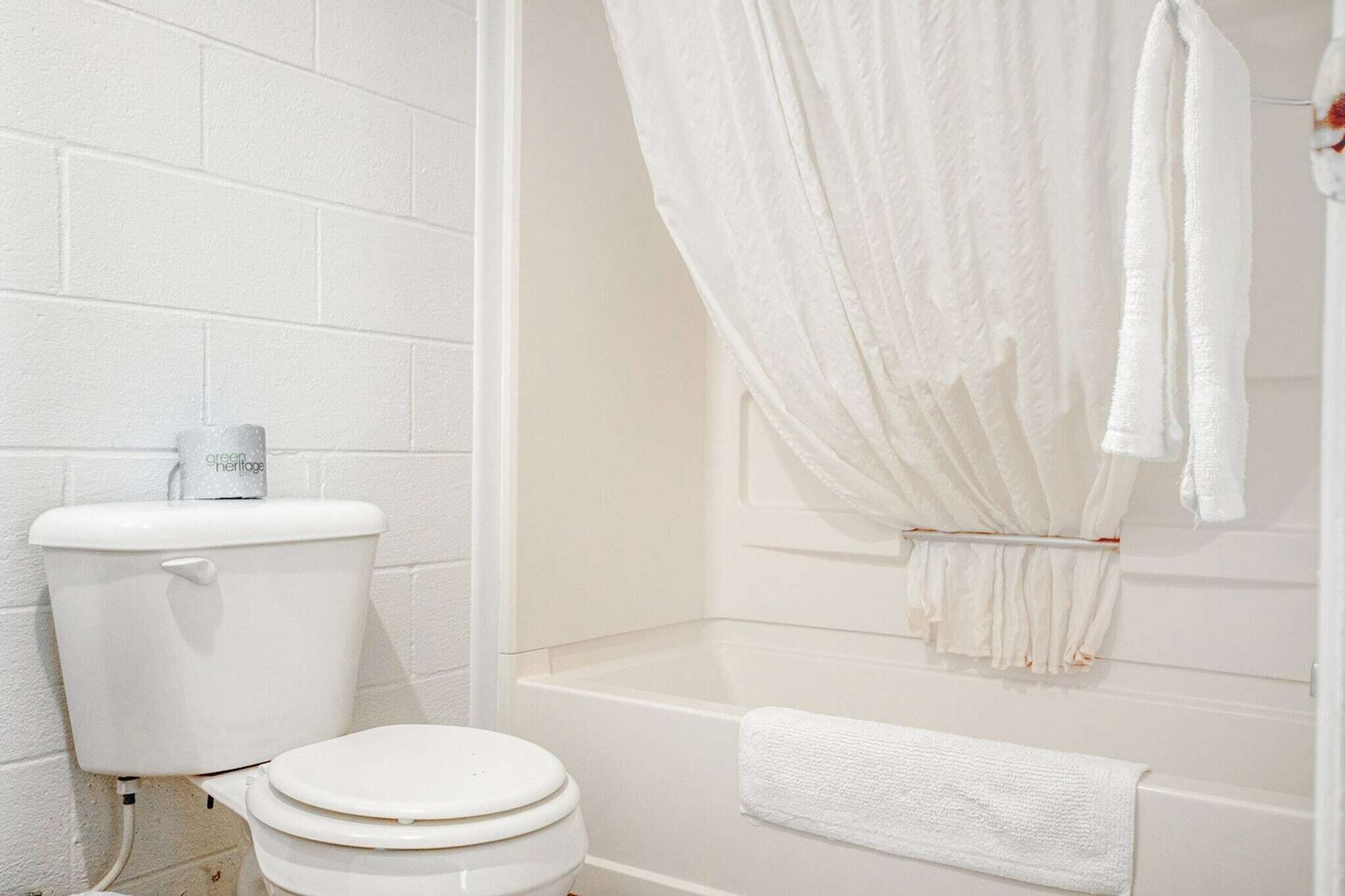 A bathroom with a toilet, a bathtub, and a shower curtain.