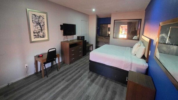 A bedroom with a bed, a desk, a chair, a TV, and a mirror.