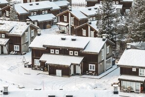 A cluster of wooden houses with snow-covered roofs and a clear sky.