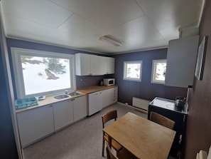 Eine kleine Küche mit weißen Schränken, einer Mikrowelle, einem Spülbecken und einem Fenster mit Blick auf Schnee.