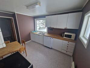 A compact kitchen with white cabinets, a wooden countertop, a microwave, and a dishwasher.