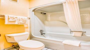 Een badkamer met toilet, bad en douchegordijn.