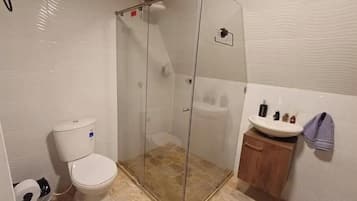 Shower, towels, soap, toilet paper
