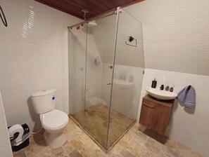 Een douche, handdoeken, zeep, toiletpapier