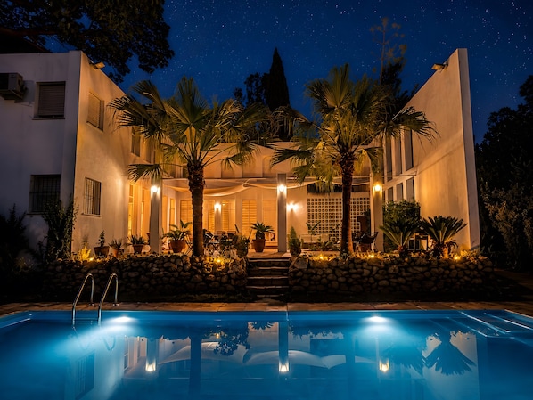Una casa moderna con piscina, palmeras y un cielo estrellado.