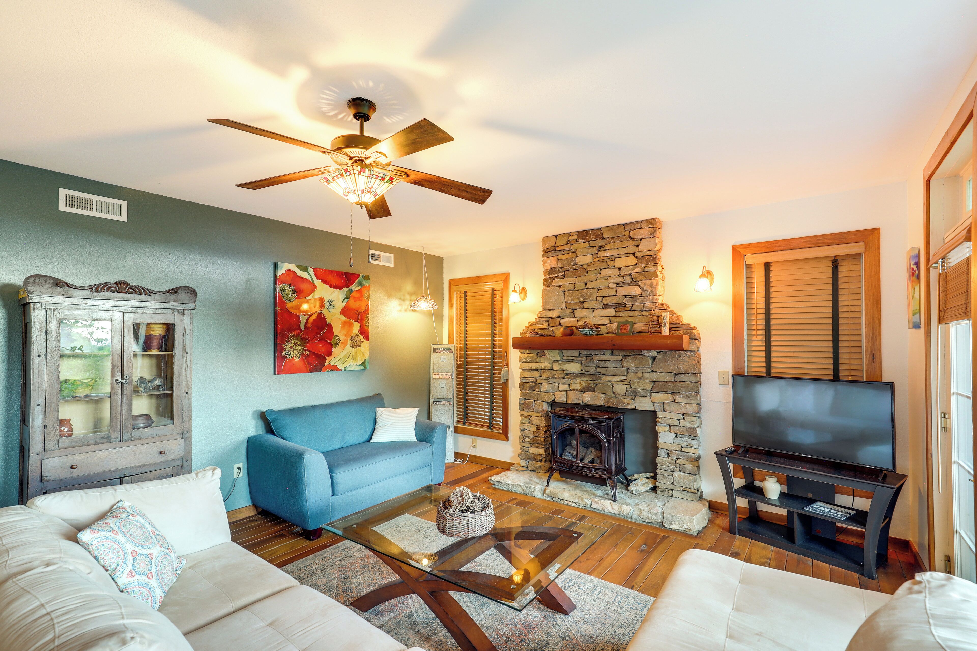 TV, fireplace, books
