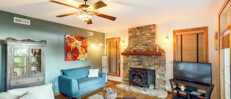 TV, fireplace, books