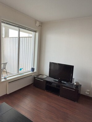 Une pièce avec un téléviseur posé sur un meuble en bois foncé, une fenêtre avec des stores et un radiateur.