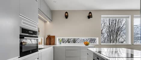 Une cuisine moderne dotée d’appareils électroménagers intégrés, une fenêtre offrant une vue sur les arbres et un petit rebord de fenêtre agrémenté d’objets décoratifs.