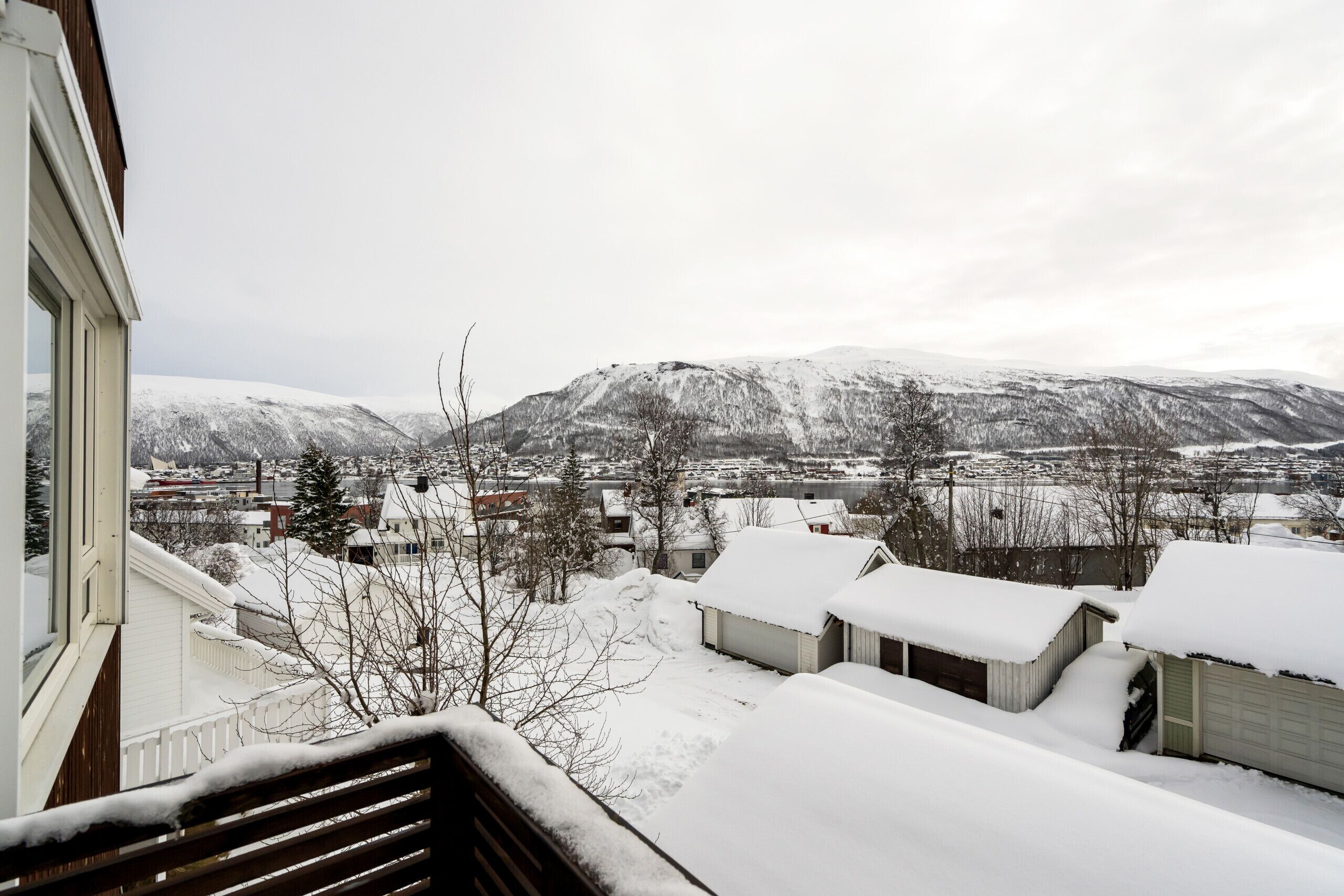 A snowy residential area with houses and a mountain in the background.