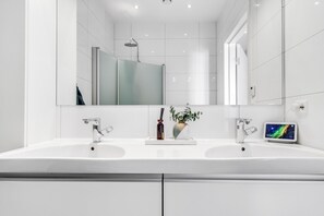Shower, hair dryer, towels