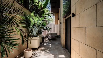 Un étroit couloir extérieur agrémenté de plantes en pot, d’un canapé et d’une table basse.