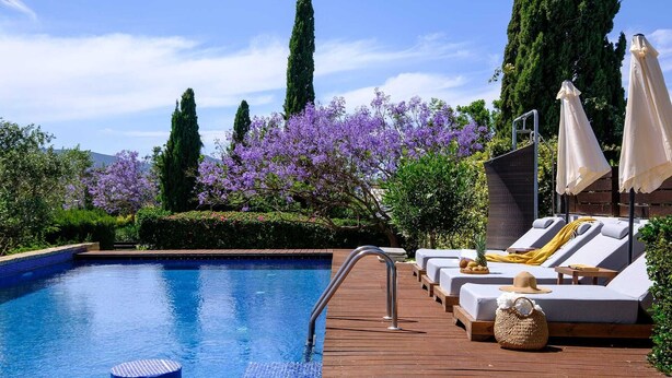 A poolside area with lounge chairs, a wooden deck, and purple flowering trees. - Akamé Luxury Beach Villa by Nomads (Paphos)