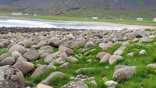 Un paysage côtier rocheux avec une partie avant herbeuse, une plage et une montagne en arrière-plan.