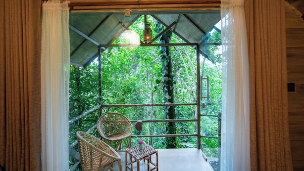 A wooden-framed window with a view of dense green foliage. - Panchavadi Farm Stay (Kumily)