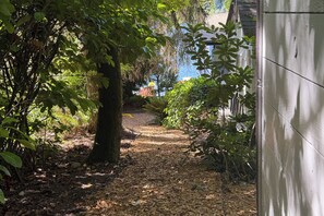 A pathway surrounded by trees and foliage, leading to a building with a white exterior. - Tanwax Lake Waterfront Studio w/ Private Hot Tub! (Eatonville)