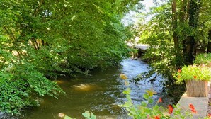 A river surrounded by lush greenery and a stone structure with plants. - 4-Guest Elegant Holiday Base in Hotton (Hotton)