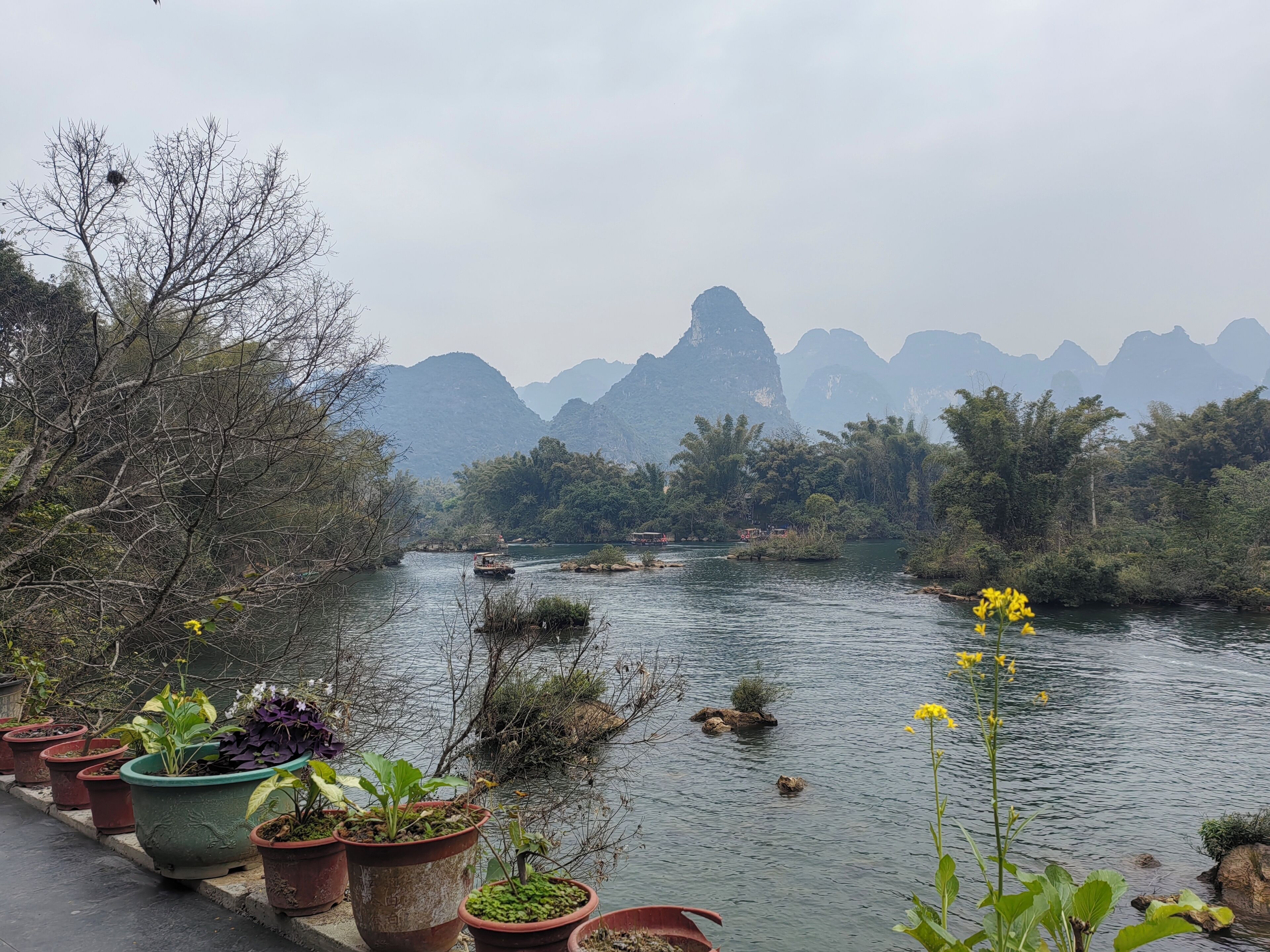 A river with boats, surrounded by trees and potted plants.