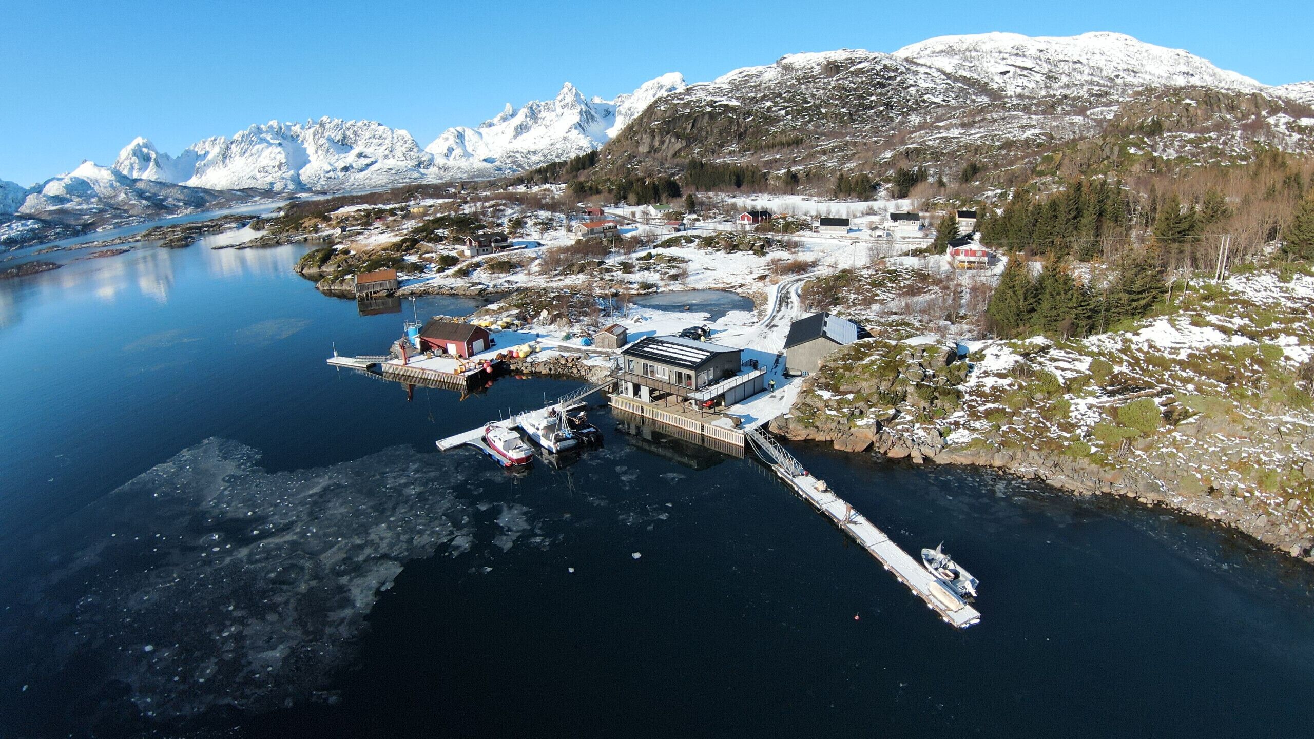 A coastal village with a dock, buildings, and a mountainous backdrop.
