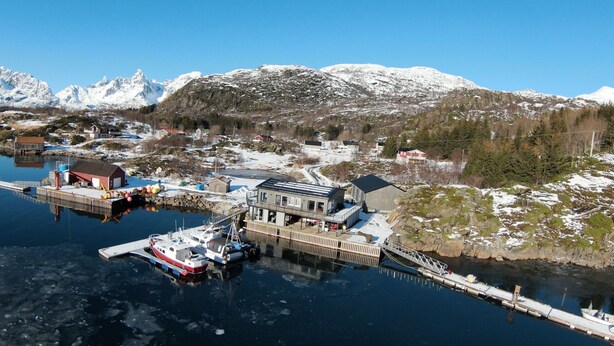 Un pueblo costero con un muelle, barcos y edificios.
