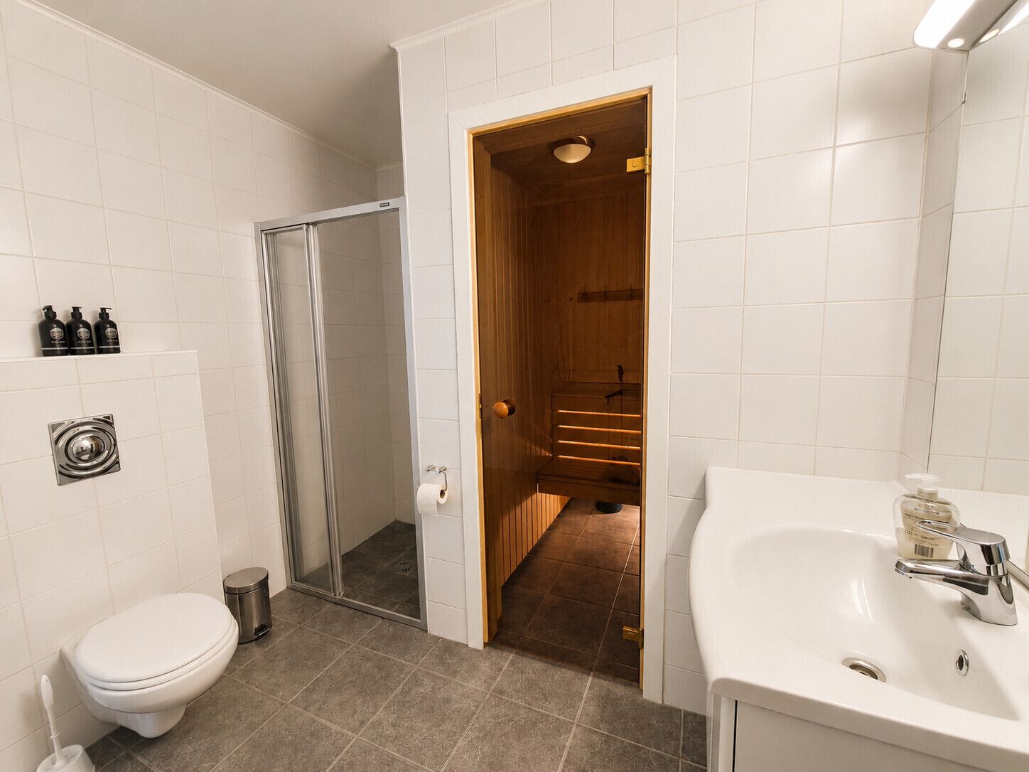 Ein Badezimmer mit Toilette, Waschbecken, Dusche und einer Holztür zur Sauna.