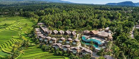A resort with multiple bungalow-style buildings, a central pool, and terraced rice fields in the background.