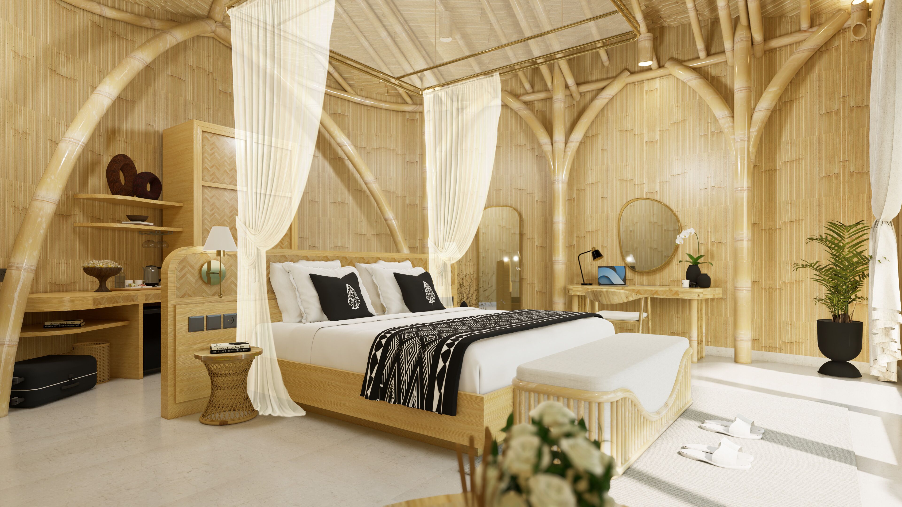 A room with a bed, bedside table, lamp, and a mirror.