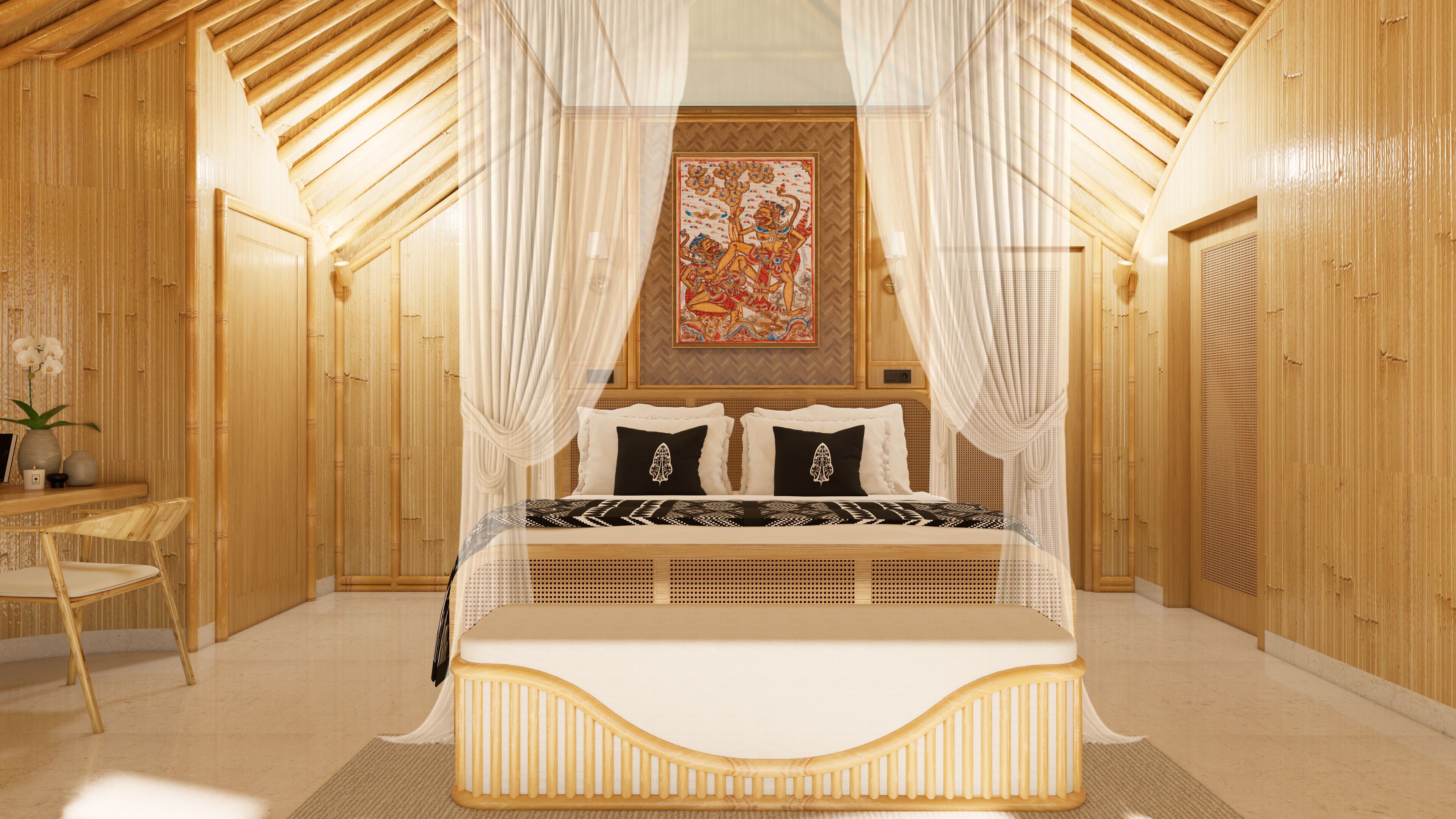 A room with a bed, a desk, and a chair.