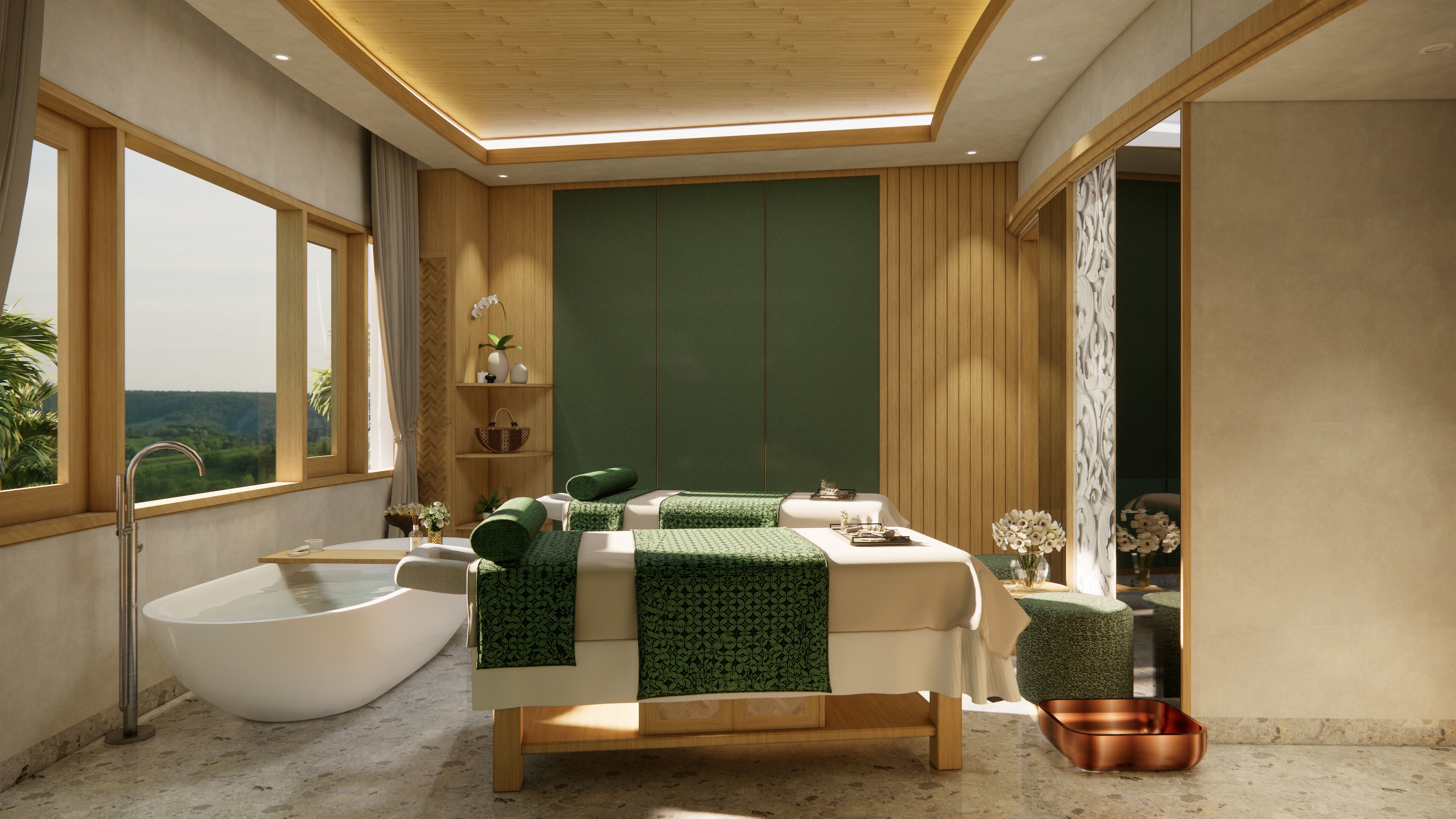 A modern bathroom with a freestanding bathtub, a large mirror, and a view of the outdoors.