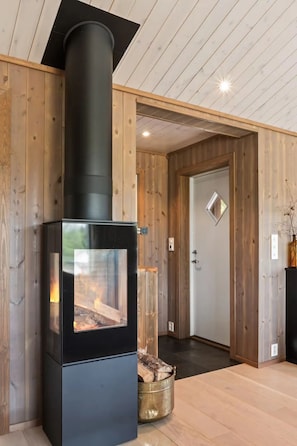 Et moderne interiør med en brændeovn, trævægge og en dør med et diamantformet vindue.
