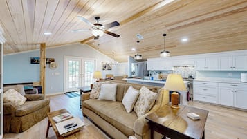 TV, fireplace, DVD player, books