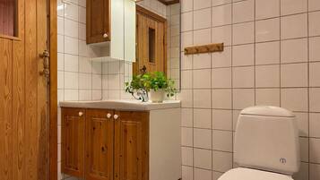 Un bagno con un mobile bagno in legno, un WC bianco e uno specchio sopra il lavandino.