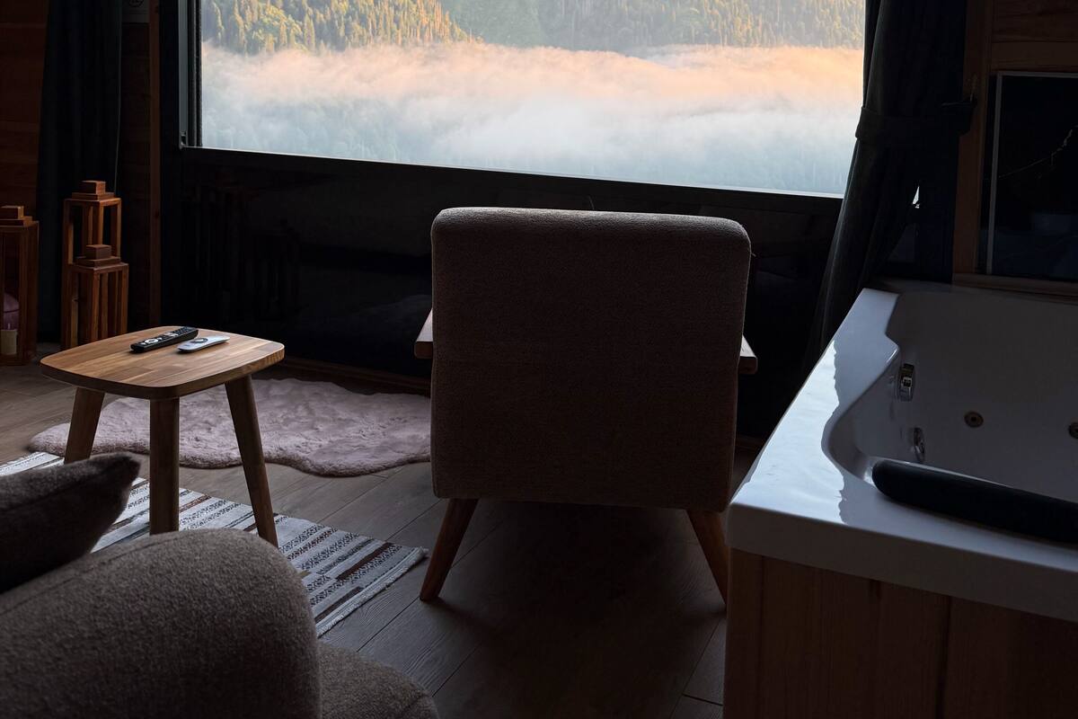 Et værelse med et stort vindue, en træstol, et lille bord med en fjernbetjening og en vask.